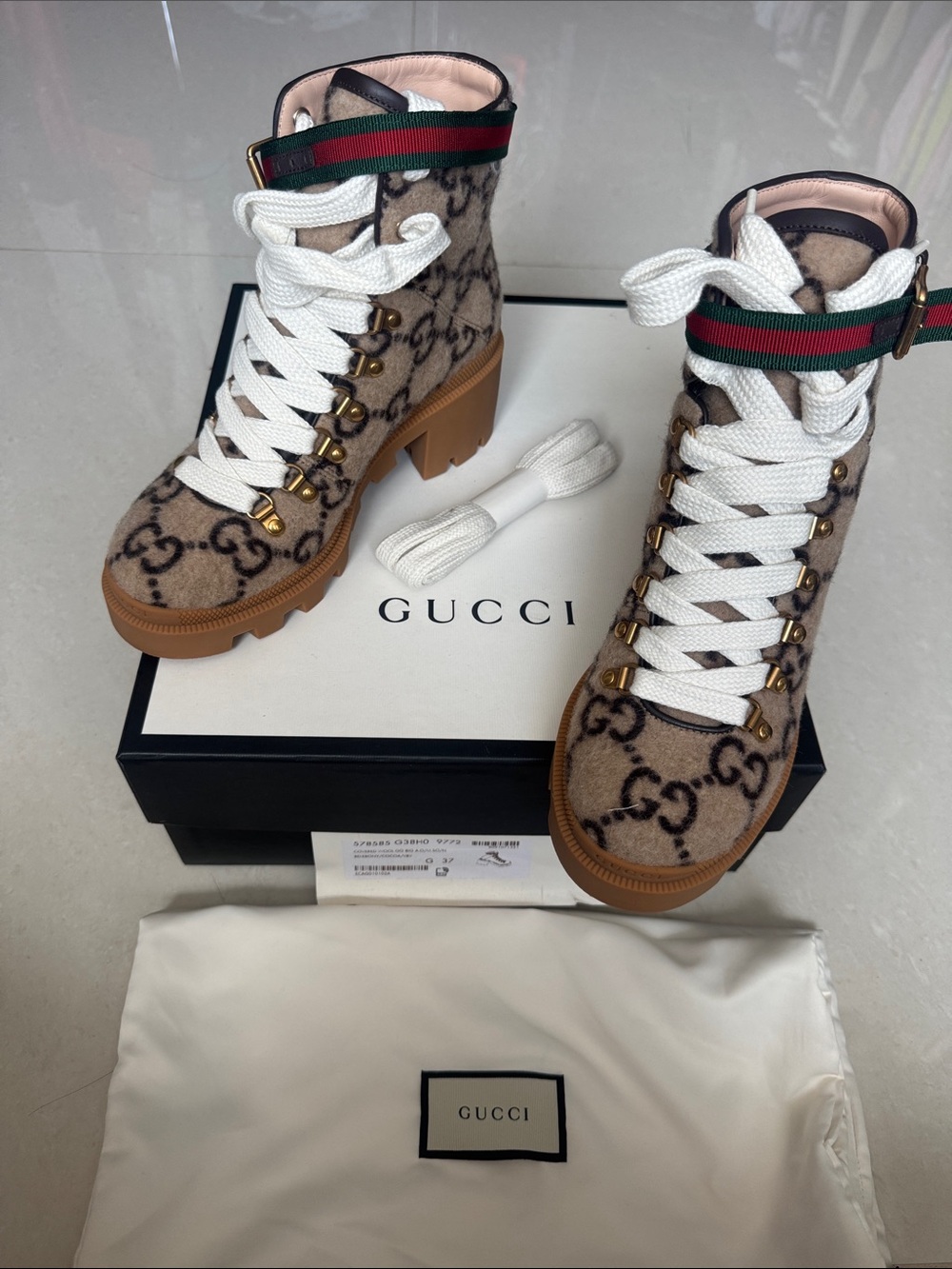 Gucci Beige GG Wool Lace-Up Ankle Boots with Green-Red Web Strap